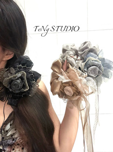 TeNg复古双层网纱玫瑰花飘带大肠发圈温柔百搭马尾发绳丸子头发饰