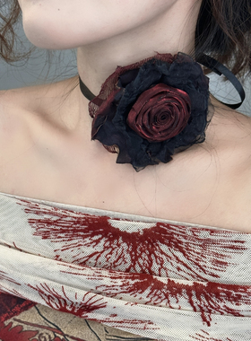 TeNg手作干枯烧毁玫瑰花颈带y2k风项链黑绳项链礼服项链choker