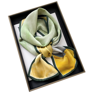 高级感~复古油画绿色长条丝巾女100%桑蚕丝真丝围巾双面领巾飘带