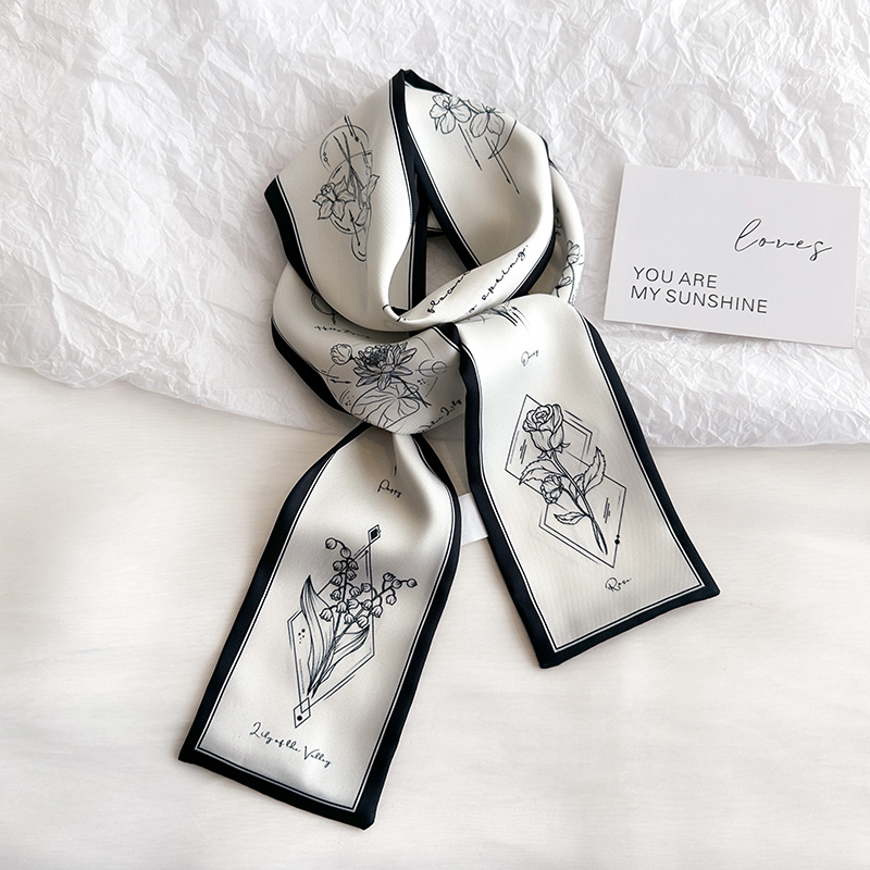 玫瑰花白色细长条窄小丝巾女法式发带扎发绑包飘带百搭配衬衫领巾