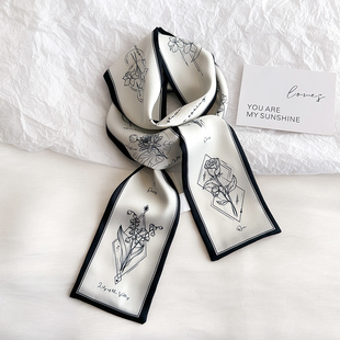 玫瑰花白色细长条窄小丝巾女法式 领巾 发带扎发绑包飘带百搭配衬衫