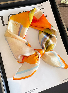 高级感橙色花卉真丝围巾女100%桑蚕丝小方巾丝巾春秋装饰衬衫领巾