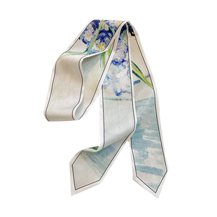 梵高油画米色鸢尾花小丝巾女春夏扎马尾编发长条发带绑包丝带领巾