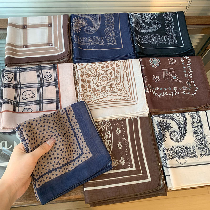 中古配色老钱风棉麻围巾70cm小方巾丝巾女复古头巾腰封多功能领巾