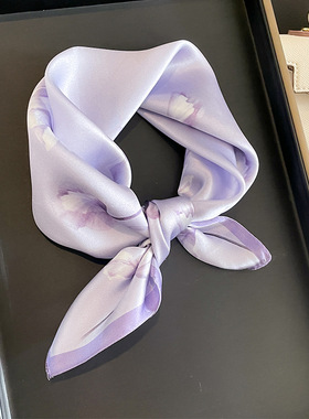 浪漫紫色郁金香真丝围巾女春夏薄款护颈装饰丝巾100%桑蚕丝小方巾