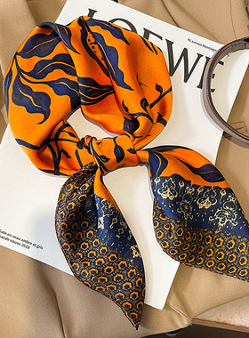 橙色花卉丝巾女小方巾秋季韩版百搭薄款护颈围巾职业装饰气质领巾