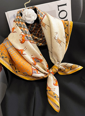 复古橙色骏马丝巾女士70cm方巾秋冬季百搭100%桑蚕丝真丝围巾披肩