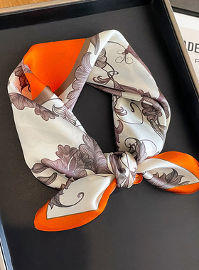 橙色蝴蝶花小方巾女100%桑蚕丝丝巾韩版时尚气质装饰领巾保暖围巾