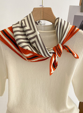 橙色几何棉麻围巾小方巾丝巾女韩版新款秋冬百搭保暖围脖披肩领巾