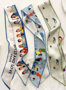 韩版卡通人物蓝色双面长条小丝巾女春夏ins风多功能飘带发带领巾