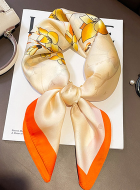 小方巾女韩版百搭仿真丝橙色发带丝巾夏季防晒纱巾装饰领巾配衬衫