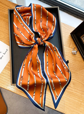 秋冬新款双面仿真丝橙色丝巾女长条发带飘带领巾夏季薄款韩版围巾