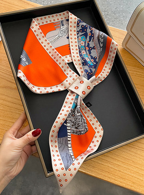 复古懒人带扣长条小丝巾女高级感橙色双面领巾搭配衬衫围巾春秋款