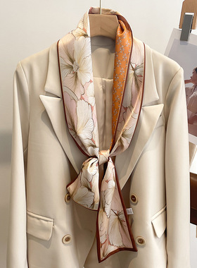 复古港风橙色花卉丝巾小长条女韩版百搭多功能薄款围巾领巾配衬衫