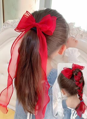 红色蝴蝶结网红长飘带发夹女夹子头饰韩国顶夹发卡后脑勺发饰卡子