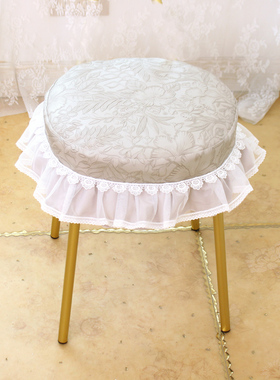 圆形小凳子套翻新灰色皮革雕花防油防水防划灰色蕾丝椅子垫可定制