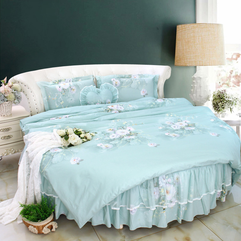 清新大气蓝色花卉圆床裙纯棉全棉圆床四件套圆床罩圆被套圆床裙2m
