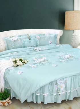 清新大气蓝色花卉圆床裙纯棉全棉圆床四件套圆床罩圆被套圆床裙2m
