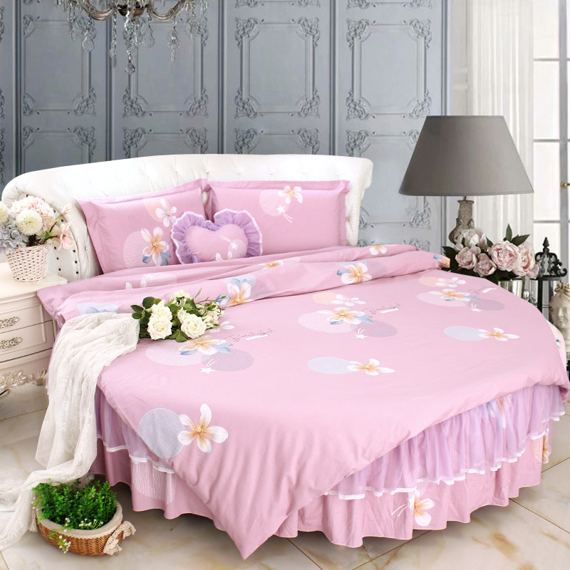 浅豆沙淡雅简约花型全棉圆床品四件套纯棉圆床单圆被套圆形床品