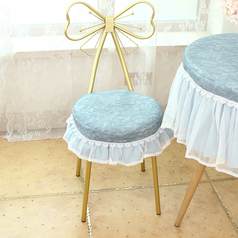 圆形小凳子套翻新灰色皮革雕花防油防水防划灰色蕾丝椅子垫可定制