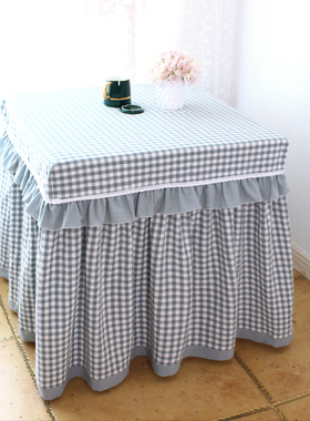 蓝色格子纯棉方桌麻将机床头柜电炉烤火炉长方形桌布茶几洗衣机罩