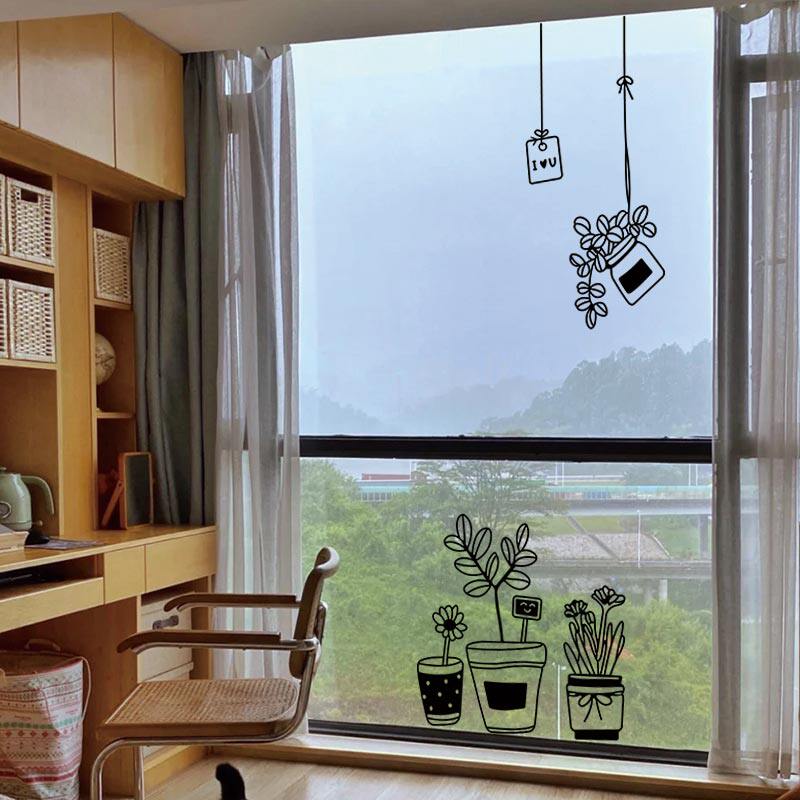 小墙贴纸咖啡奶茶装饰服装店吊篮橱窗植物花盆清新店铺花店玻璃