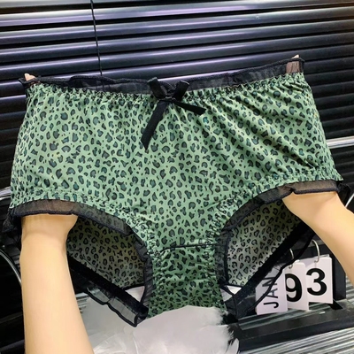 新款林梦雪豹纹大码内裤女士中腰性感冰丝锦纶丝滑舒适三角裤高弹