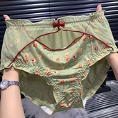 新款 女士中高腰林梦雪碎花丝滑缎面网纱性感三角裤 中国风大码 内裤