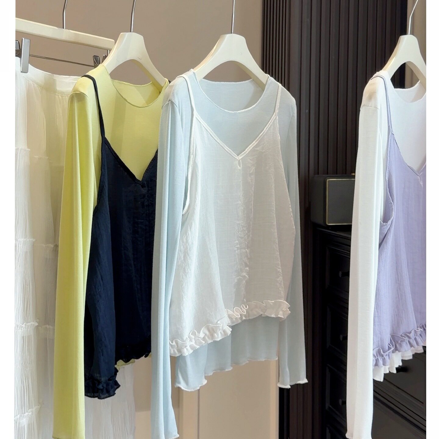 2026春新款韩系木耳边吊带背心叠穿薄款打底长袖T恤上衣女两件装