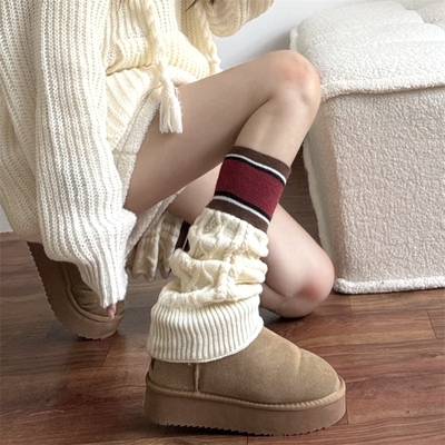 袜套配靴子长筒雪地靴袜套女秋冬堆堆袜白色腿套y2k拼色针织袜子