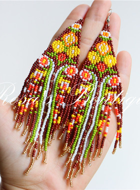 Handmade Beading 手工编织花朵印花夏日流苏彩色渐变米珠耳环