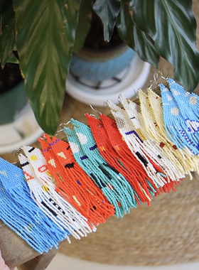 手作手工编织波西米亚民族风长流苏彩色ins同款摇曳个性耳环耳夹