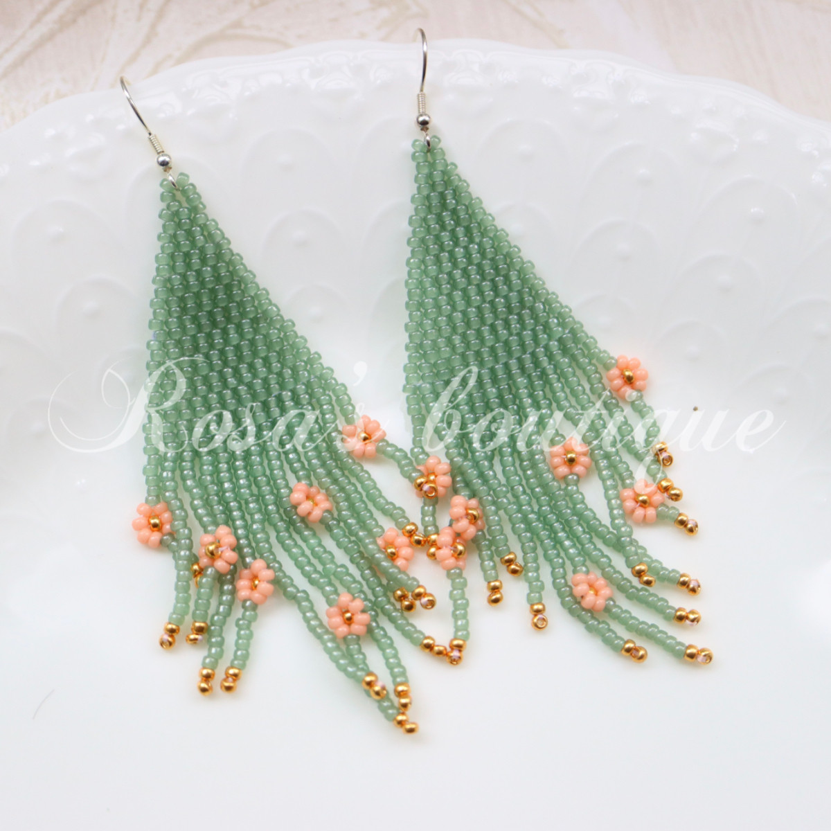 Handmade Miyuki Beading 手工编织玉石色米珠小花流苏耳环耳夹