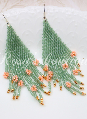 Handmade Miyuki Beading 手工编织玉石色米珠小花流苏耳环耳夹