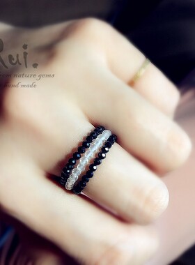 黑碧玺抖音同款珍珠戒指