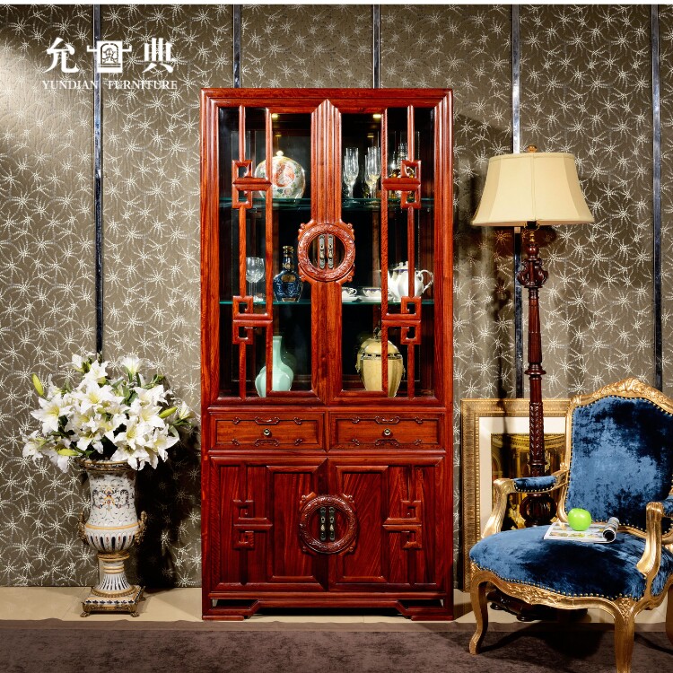 允典红木家具花梨木刺猬紫檀书香门第双门酒柜玻璃银器柜陈列柜