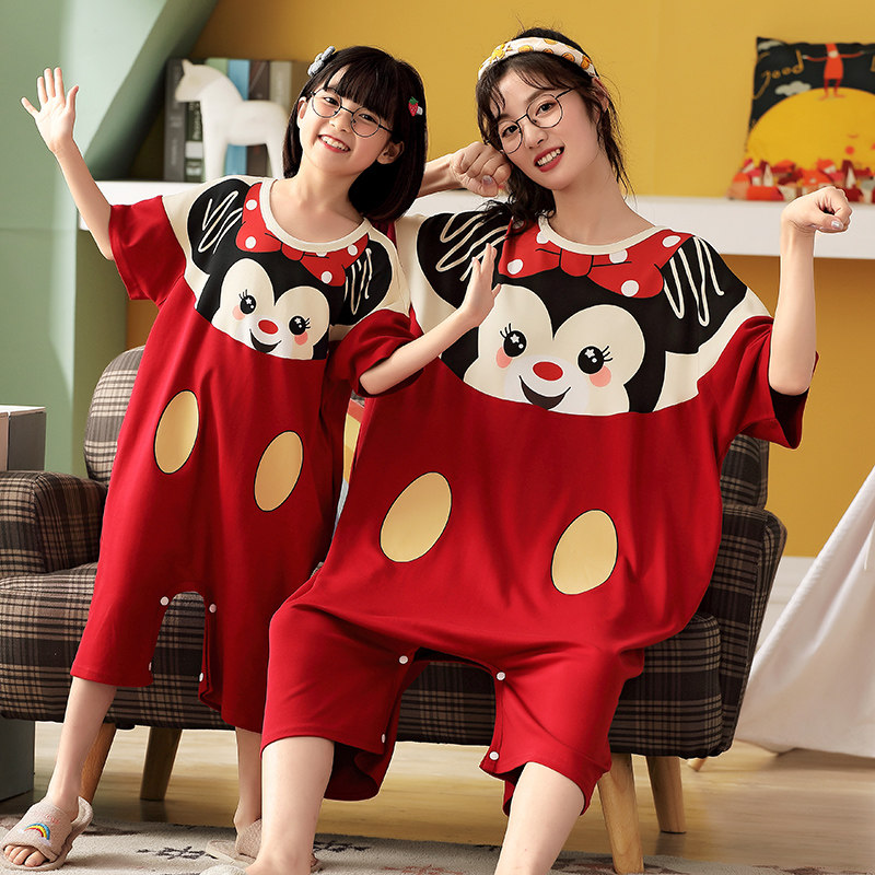 女童连体衣夏季纯棉薄款可爱大码母女装睡衣小中大童睡裙亲子外穿