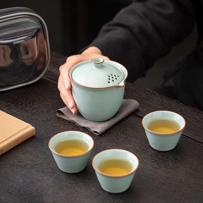 汝窑旅行茶具便携式一人陶瓷快客杯一壶三杯户外露营手抓功夫茶壶