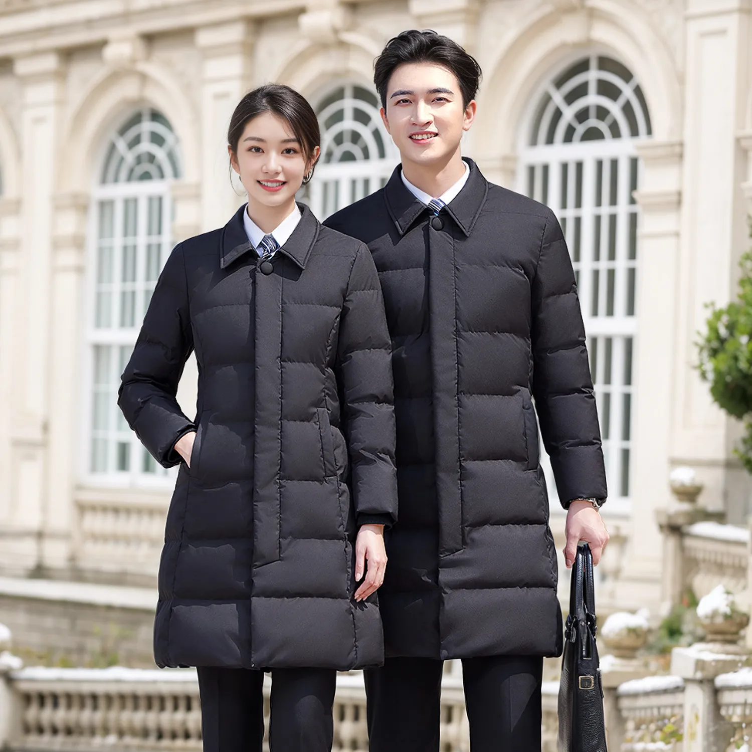 黑色珠宝店羽绒棉服工作服女士中长款职业装棉衣外套冬装工装棉袄