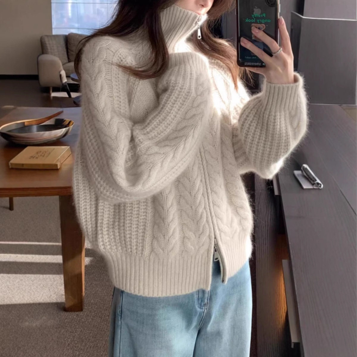 2025秋冬新款羊毛开衫女宽松慵懒翻领麻花针织衫毛衣外套拉链上衣,女装/女士精品,羊绒衫,淘宝优惠券,粉丝福利购,淘宝优惠卷