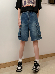 夏季工装五分裤潮流大口袋情侣水洗牛仔短裤K2206/ P65图片