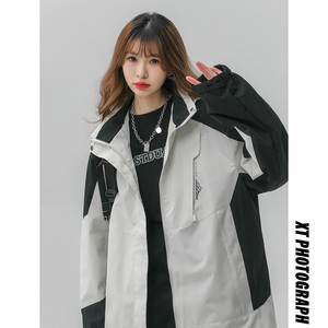 春季新款立领连帽撞色拼接情侣冲锋衣登山服夹克 JK18/P65/98图片