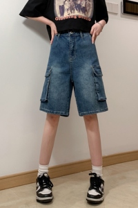 夏季直筒微弹工装五分裤潮流大口袋水洗宽松牛仔短裤K2206/ P65图片