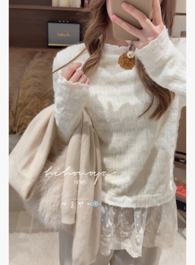 Spring韩国童装2025冬季新款亲子蕾丝花边半高领打底衫女童针织衫