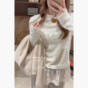 Spring韩国童装2025冬季新款亲子蕾丝花边半高领打底衫女童针织衫