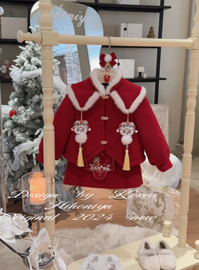 Spring韩国童装2024年冬季宝宝洋气中国风红色新年套装女童两件套