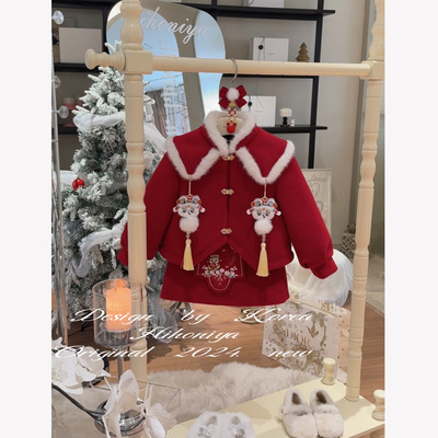 Spring韩国童装2024年冬季宝宝洋气中国风红色新年套装女童两件套