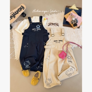 Spring韩国童装2026年春季新款亲子凯蒂涂鸦刺绣背带裤女童休闲裤