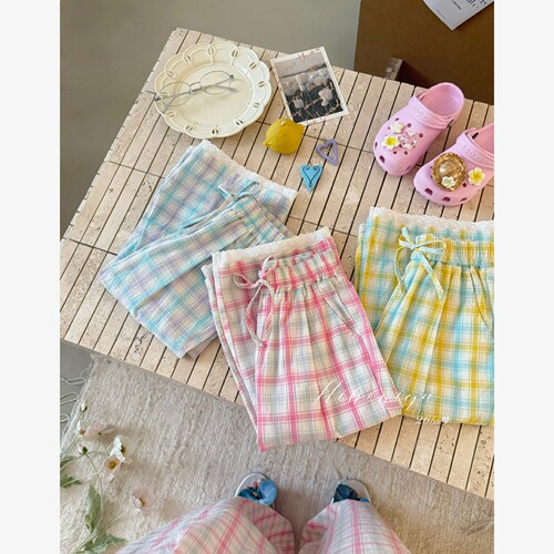 Spring韩国童装2026夏季新款亲子清新多巴胺蕾丝格子裤女童休闲裤