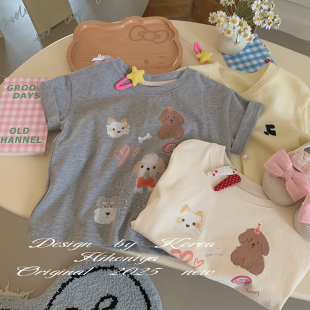 短袖 Spring韩国童装 亲子小狗印花休闲韩版 新款 女童T恤 2025年春季